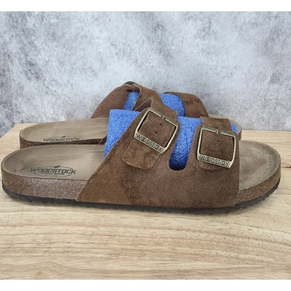 Woodstock Bert Slide Sandals Men 13 M Brown Suede Leather Slip On Buckle Straps